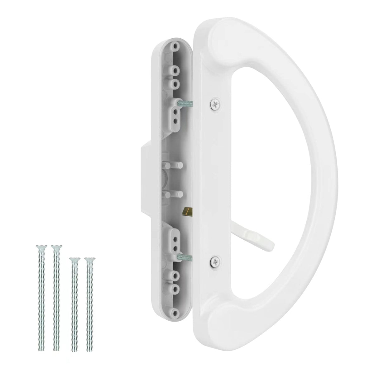 Hillmaster patio door handle interior shows durable white diecast finish for smooth operation.