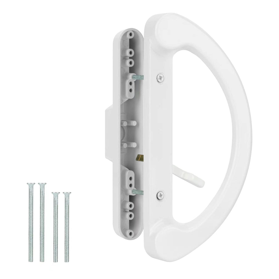 Hillmaster patio door handle interior shows durable white diecast finish for smooth operation.