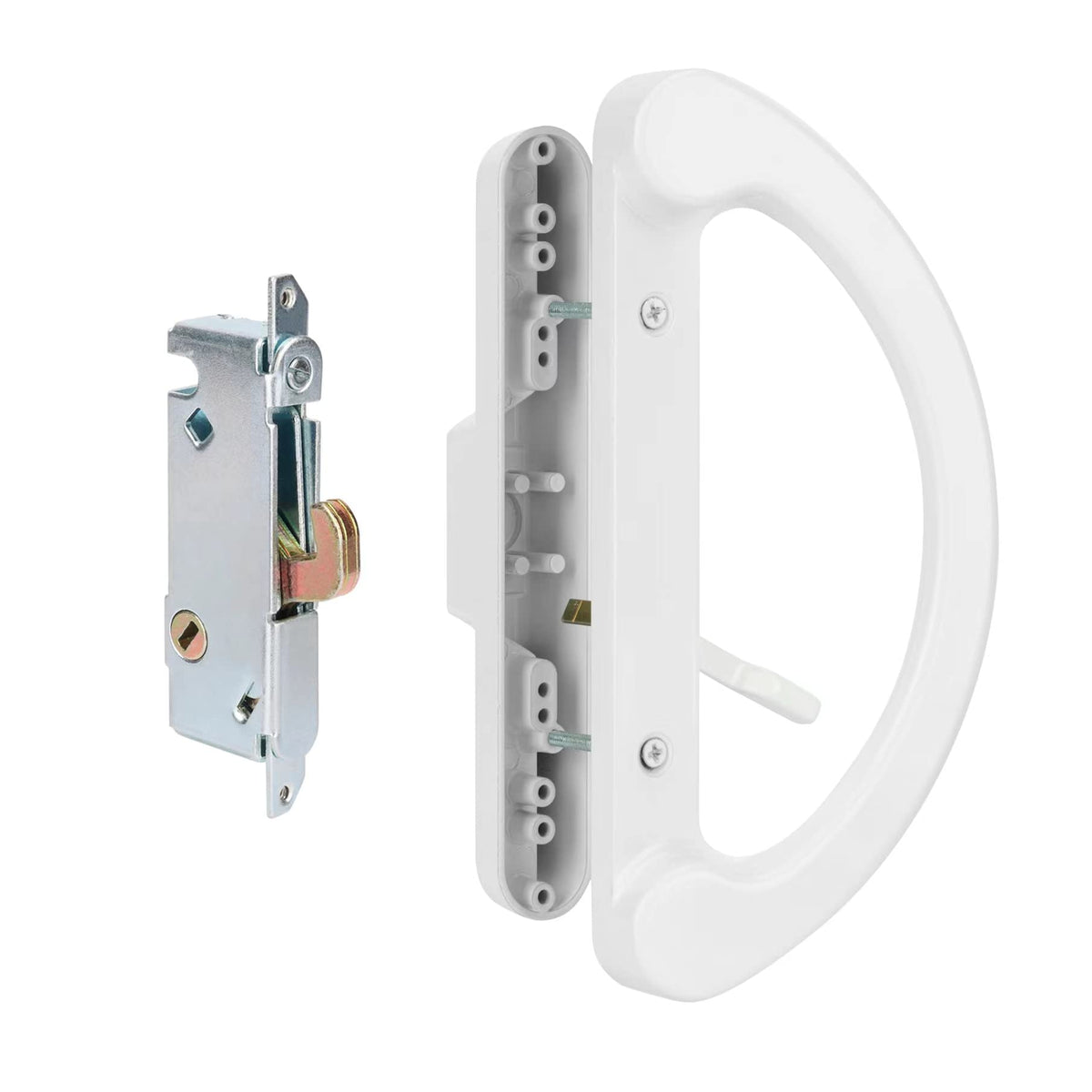 Hillmaster exterior handle with mortise lock in white finish for secure sliding doors.