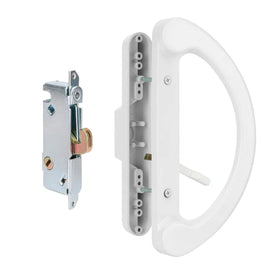 Hillmaster exterior handle with mortise lock in white finish for secure sliding doors.