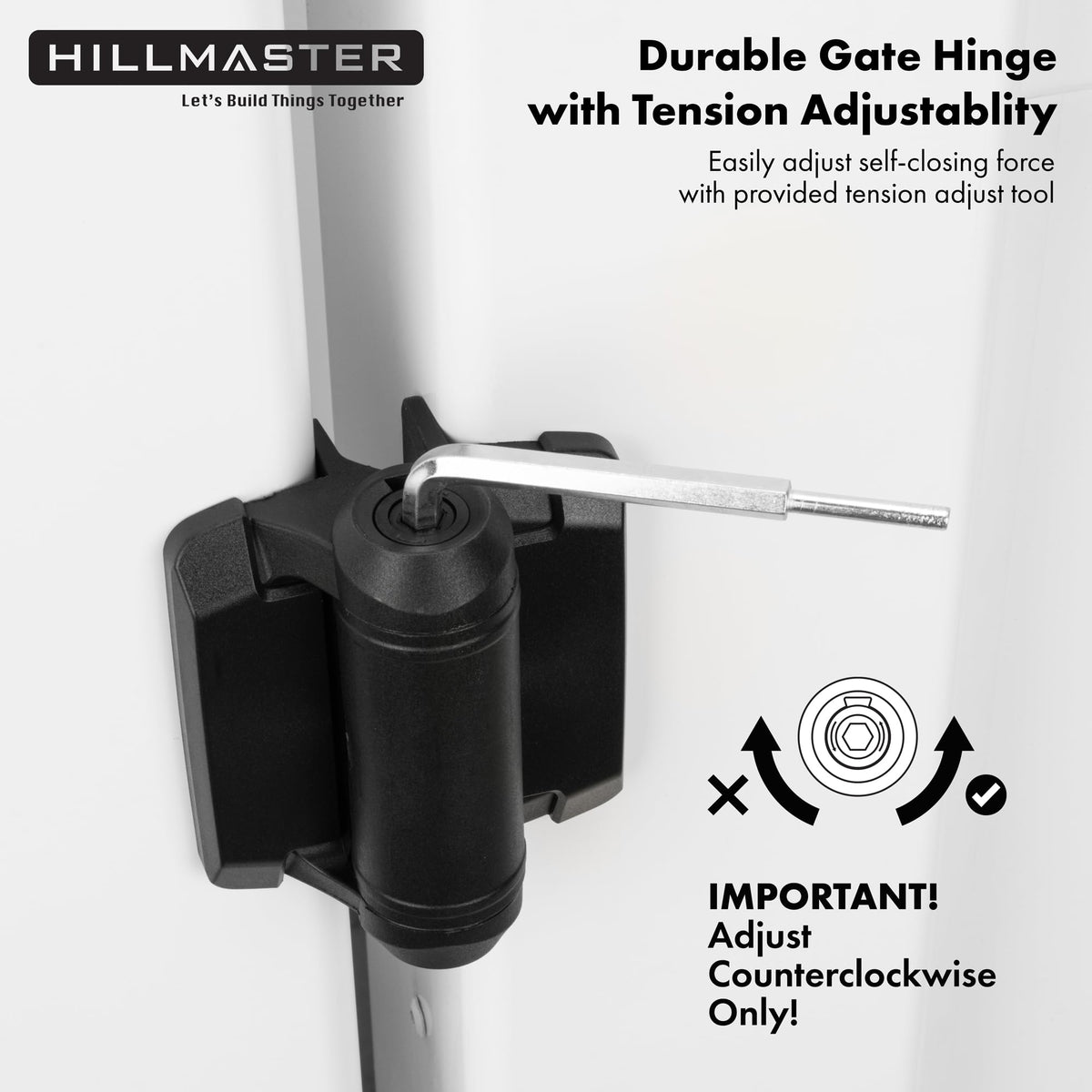 Hillmaster safety cap attached to lower hinge prevents climbing footholds