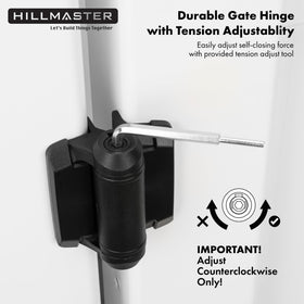 Hillmaster safety cap attached to lower hinge prevents climbing footholds