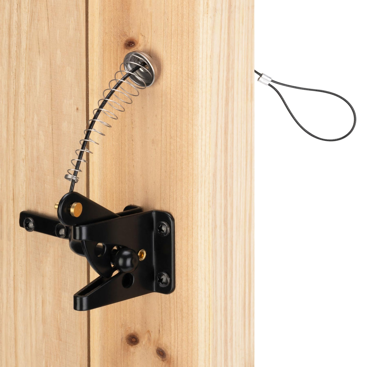 Hillmaster self-closing gate latch installed on a wooden fence for pool area security.