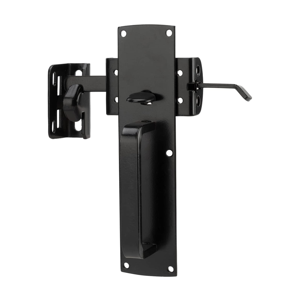 Hillmaster self-closing thumb gate latch in black finish for secure wooden gates.