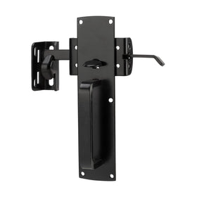 Hillmaster self-closing thumb gate latch in black finish for secure wooden gates.