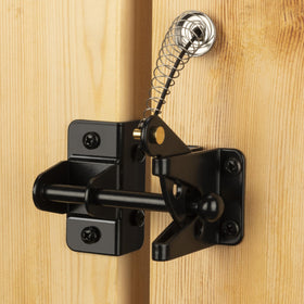 Hillmaster self-locking gate latch secures wooden gates with a reliable self-close.