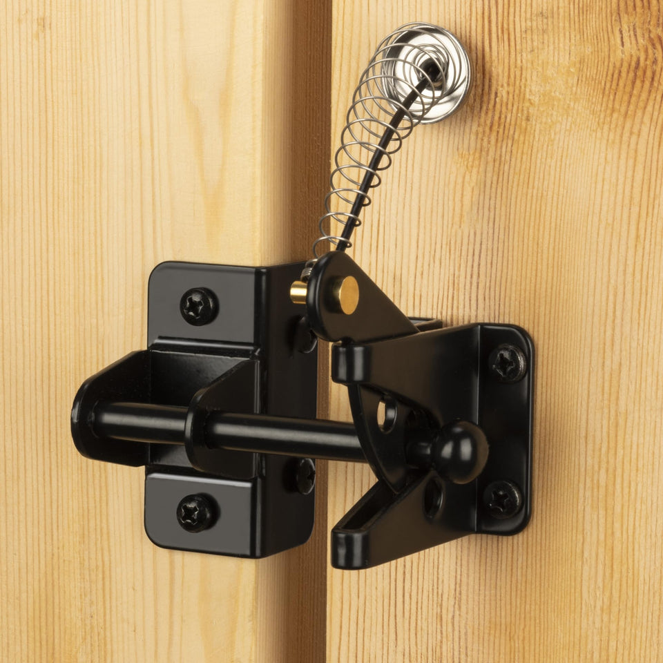 Hillmaster self-locking gate latch secures wooden gates with a reliable self-close.