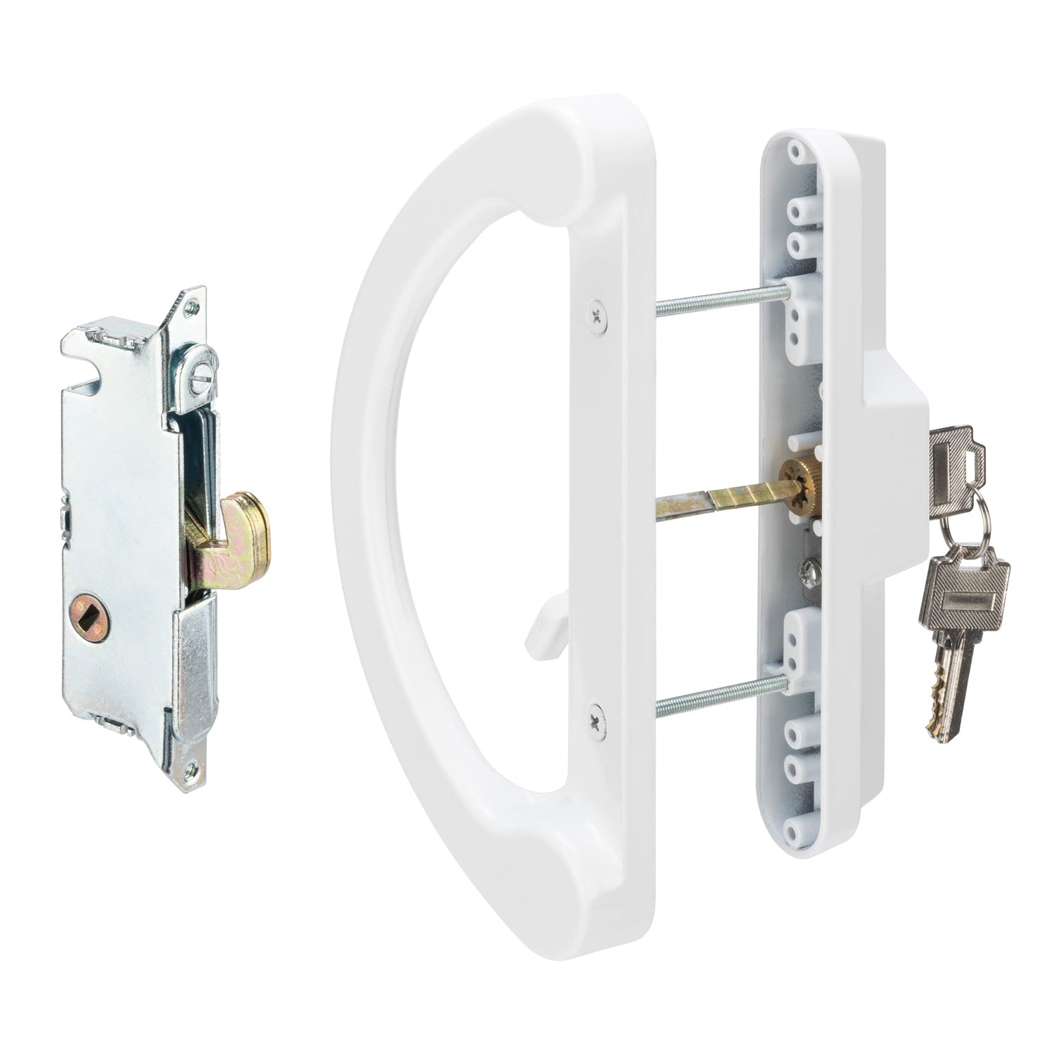 Hillmaster sliding door handle with mortise lock and key cylinder for secure patio access