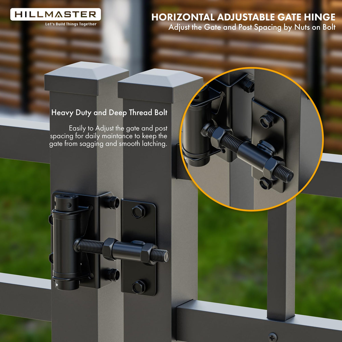 Hillmaster vinyl-fence hinge compatibility provides seamless operation on PVC and vinyl gates.
