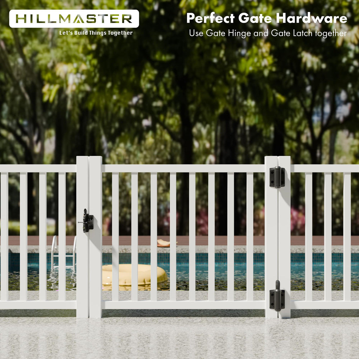 Hillmaster weatherproof hinge installation for vinyl, wood, and metal gates