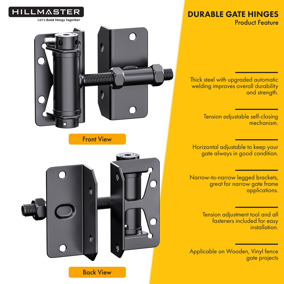 Hillmaster wood-gate installation hinge ensures sturdy support and easy retrofit on wooden fences.