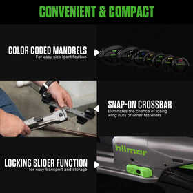 Hilmor crossbar with color-coded mandrels for quick setup and accurate bends.