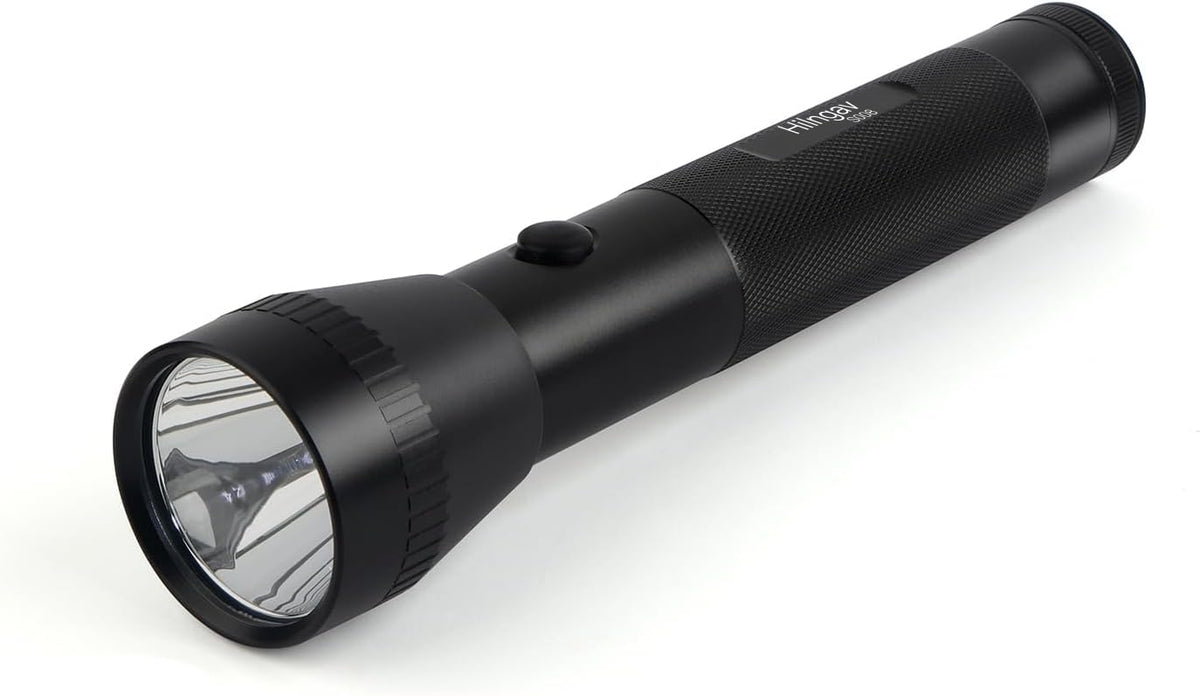 Hilngav 2D flashlight front view showing bright beam for outdoor visibility.