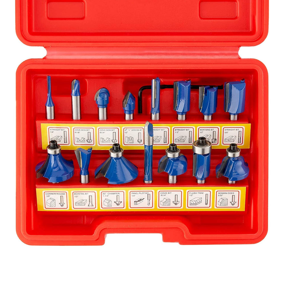 Hiltex 10100 tungsten carbide router bits set for clean, precise cuts and versatility.