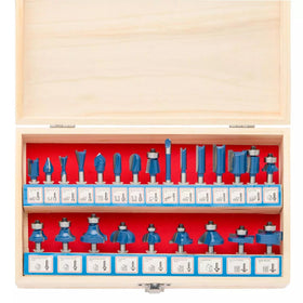 Hiltex 10108 tungsten carbide router bit set for precise wood routing.