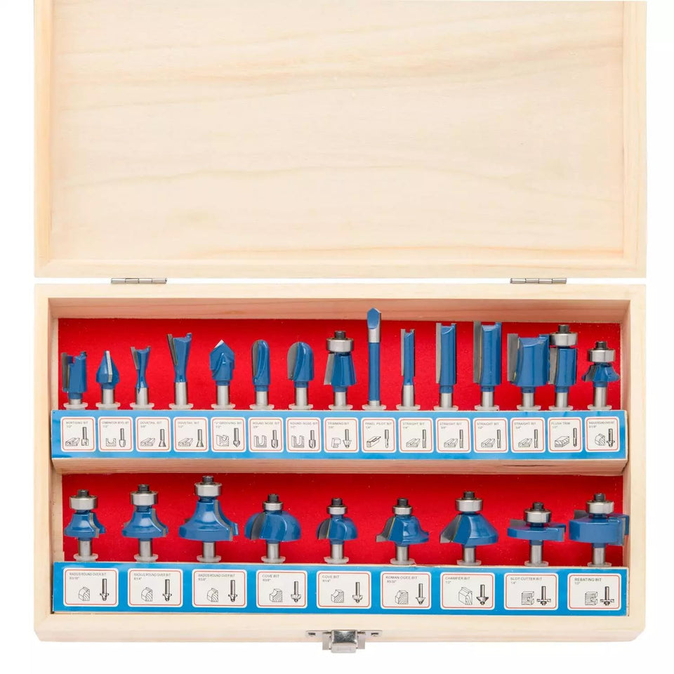 Hiltex 10108 tungsten carbide router bit set for precise wood routing.