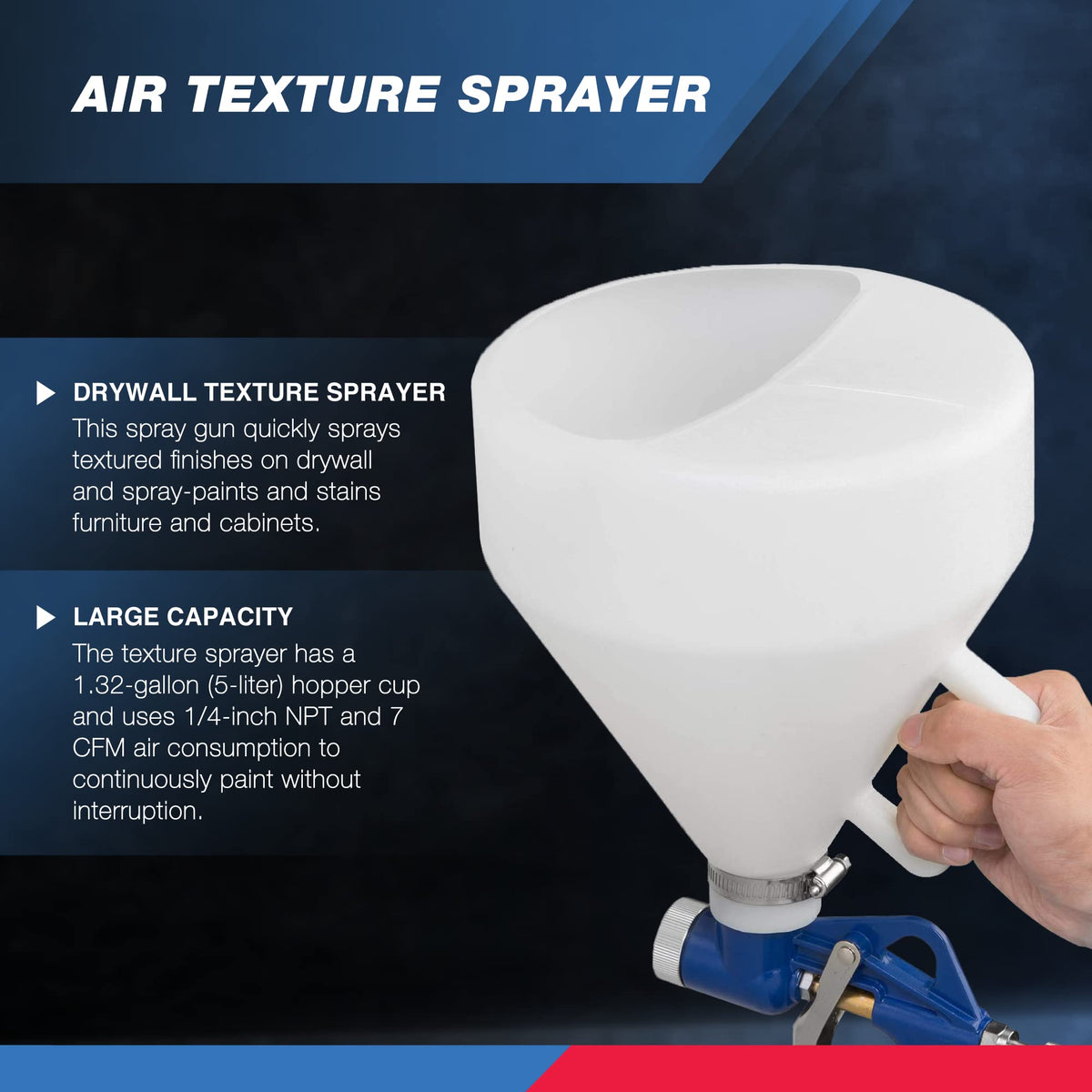 Hiltex 31229 texture gun with interchangeable nozzles enables varied textures on walls and ceilings.