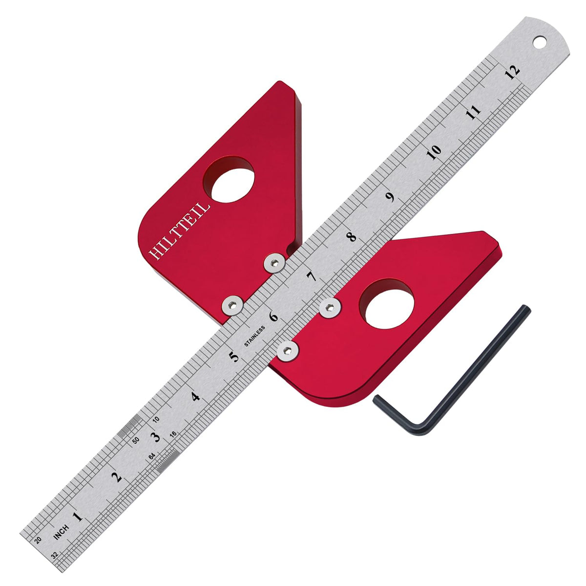 HILTTEIL circle center finder with red base locates circle centers precisely for woodworking.