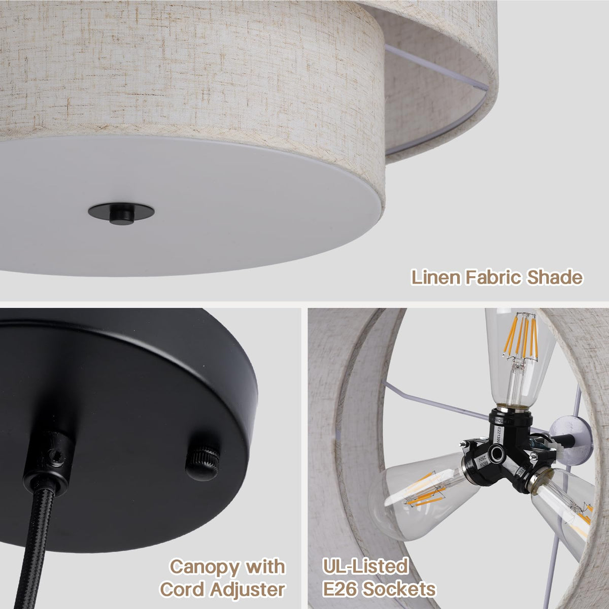 HILUXIA 18-inch double drum pendant – beige shade closeup showing linen texture.