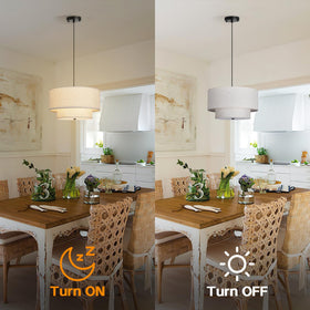 HILUXIA 18-inch double drum pendant – beige shade above kitchen island for cozy task light.