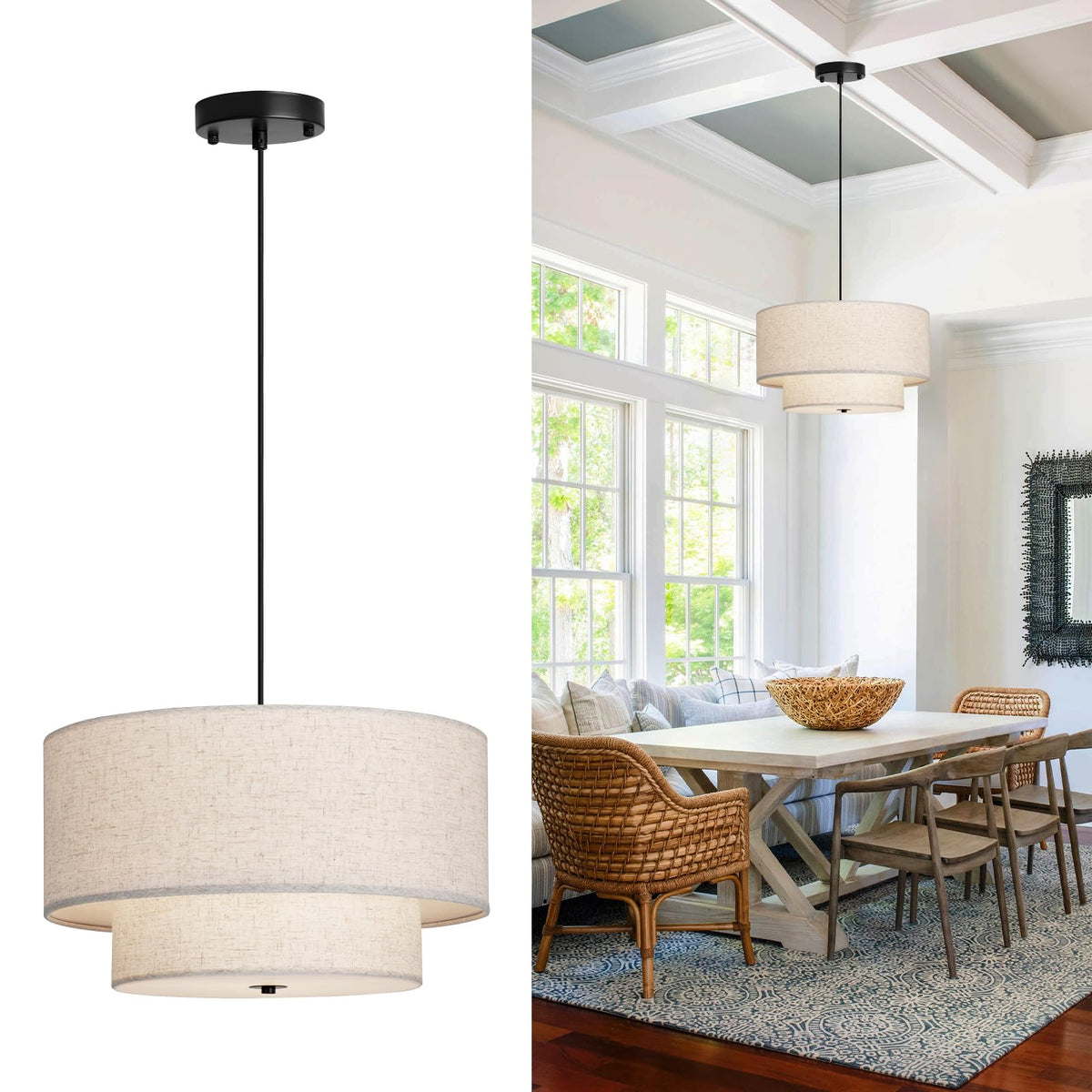 HILUXIA 18-inch double drum pendant – beige shade, front view enhances dining ambience.