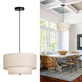 HILUXIA 18-inch double drum pendant – beige shade, front view enhances dining ambience.