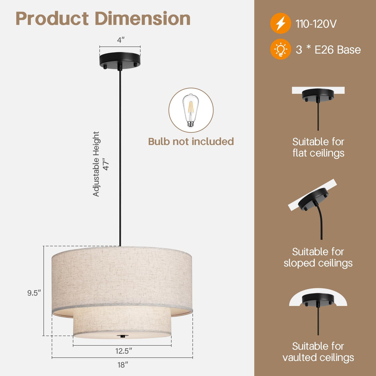 HILUXIA 18-inch double drum pendant – beige shade above dining table, warm glow.