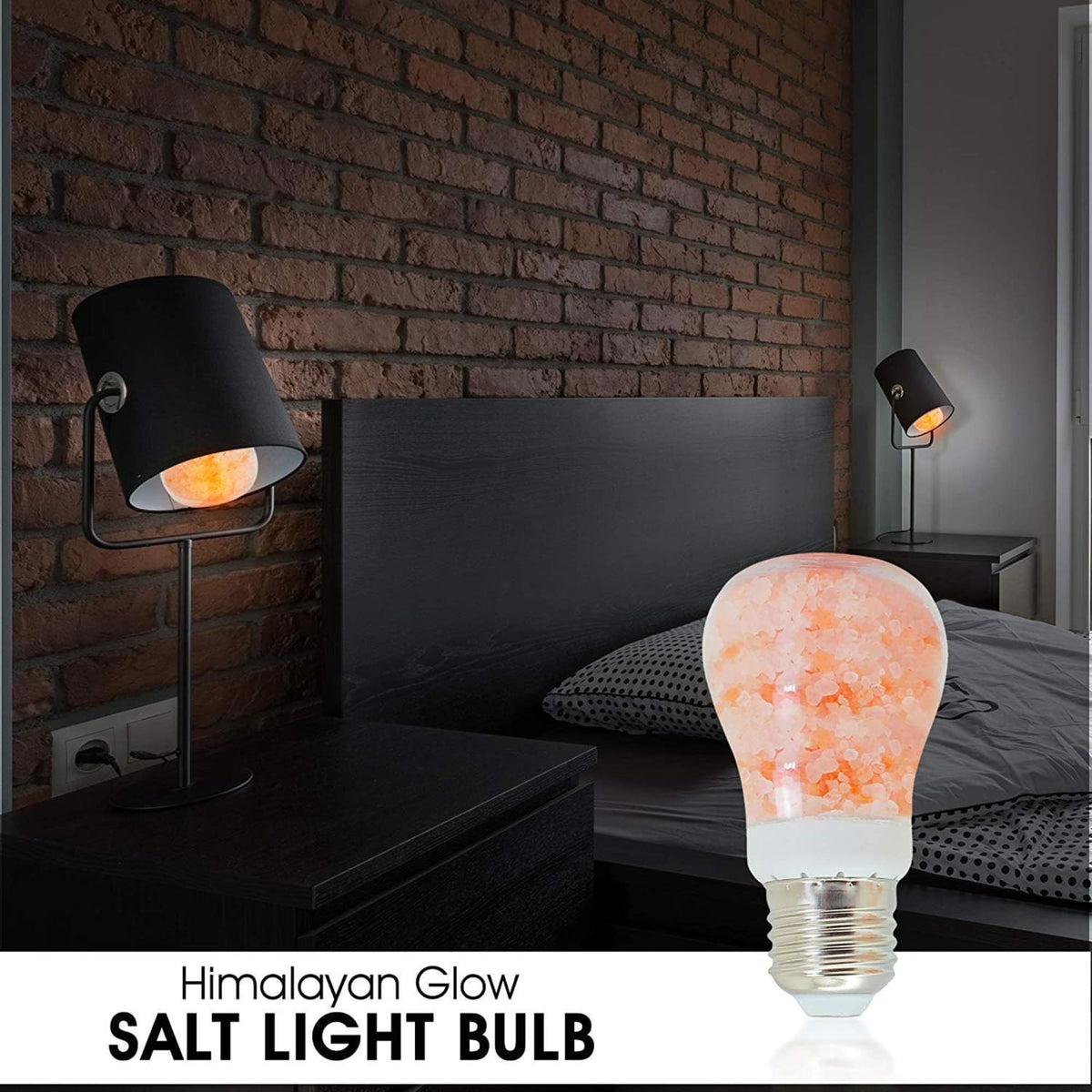 Himalayan Glow LED salt light bulb emits warm amber glow in dim rooms.