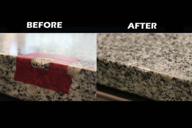 Before-and-after image illustrating edge-chip repair on granite.