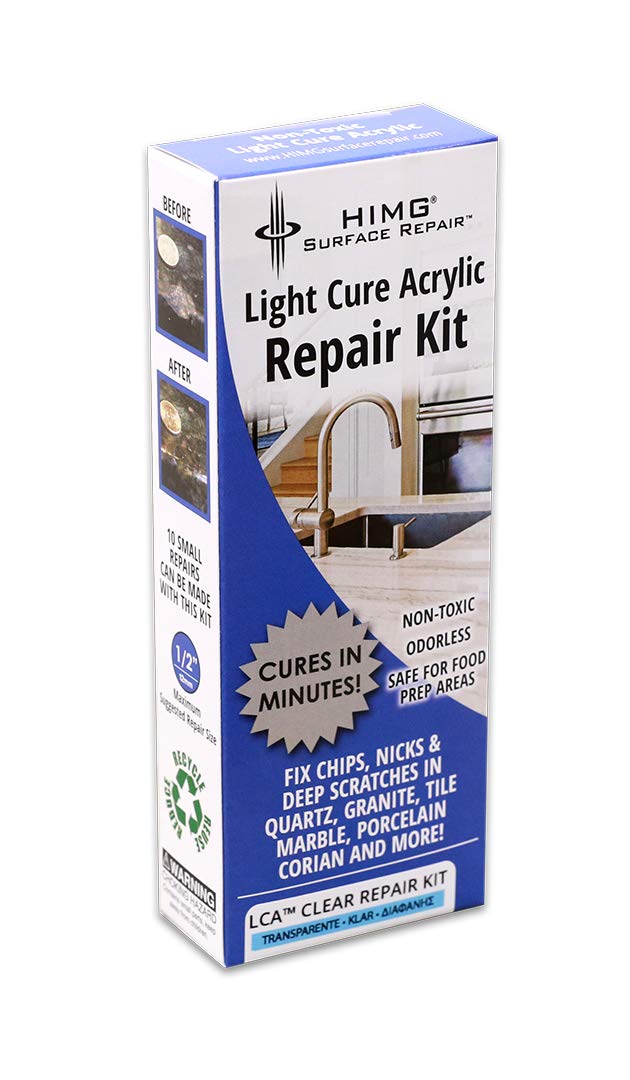HIMG Clear Quartz Countertop Repair Kit bottle demonstrates color-matching formula for multi-colored surfaces.