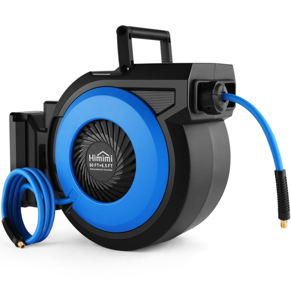 Himimi hose reel with wall mount offering wide reach for garage tasks.