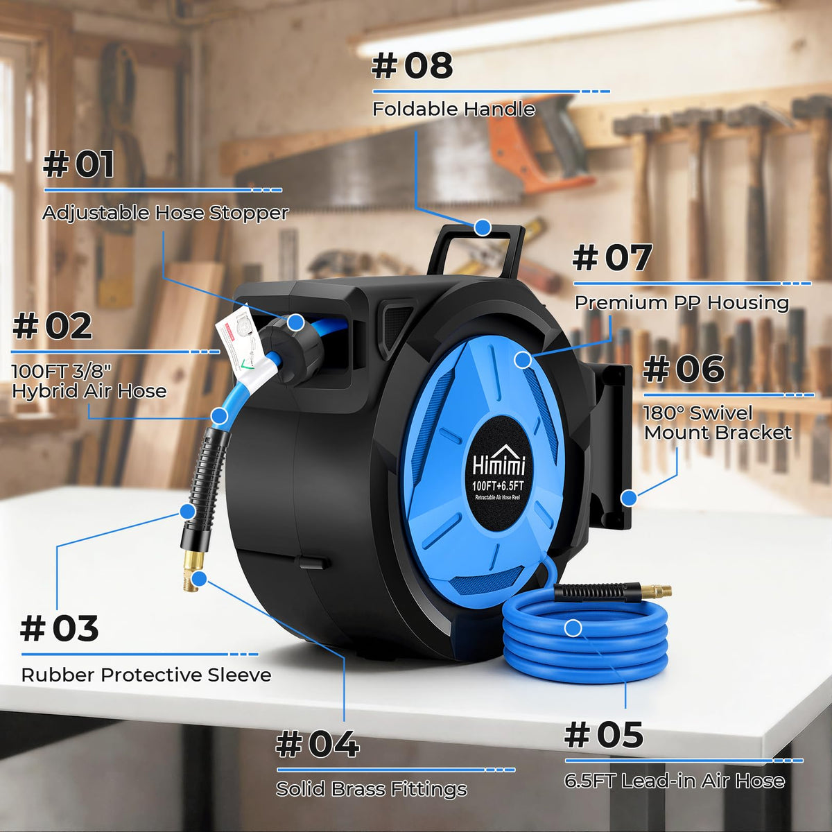 Himimi hybrid air hose withstands -40°F to 140°F for varied environments.