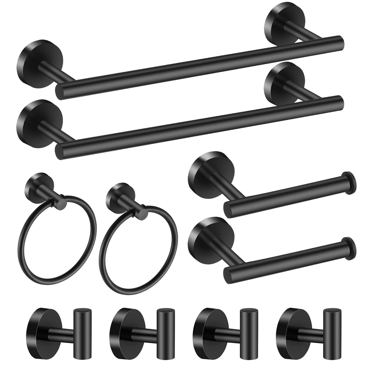 Hinmood bathroom hardware set black 16-inch towel bars for organized towels and modern style.