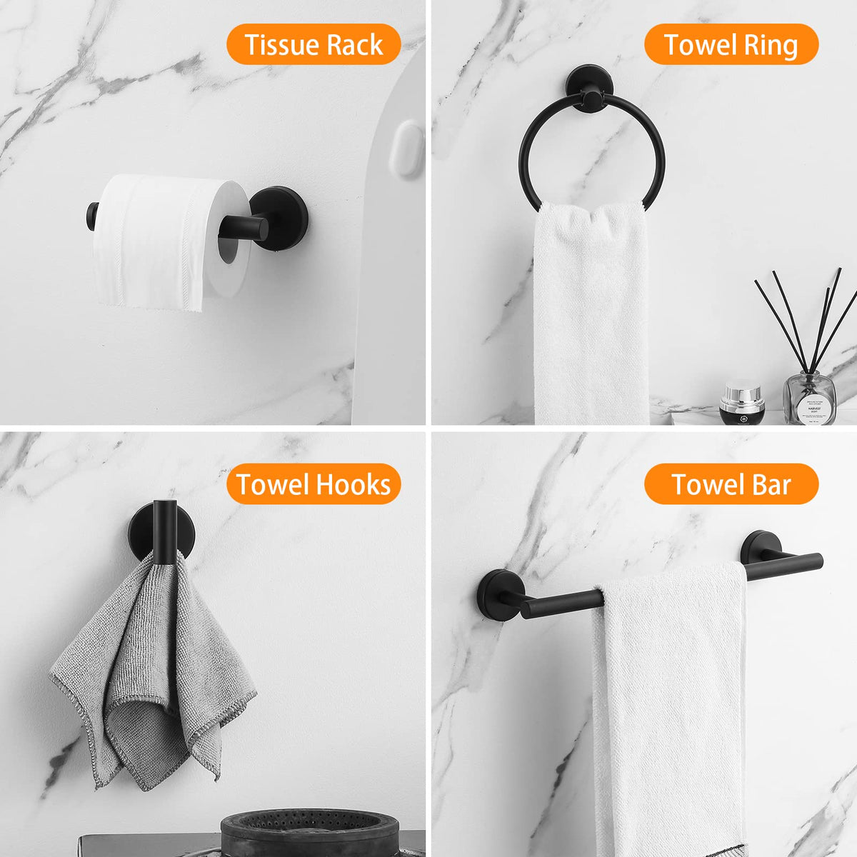 Hinmood towel hooks in black finish securely hold robes and towels with easy access.