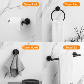 Hinmood towel hooks in black finish securely hold robes and towels with easy access.