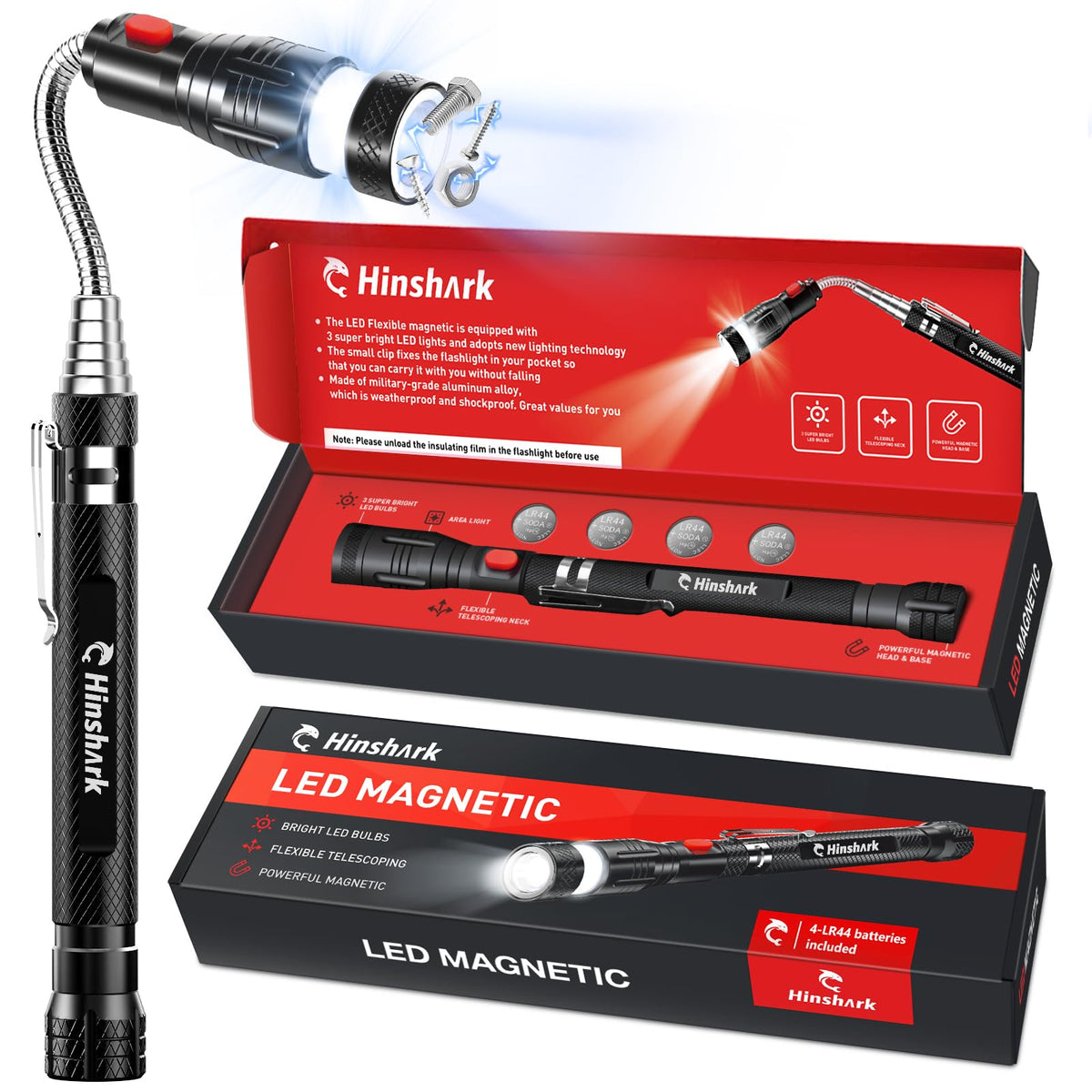 Hinshark magnetic pickup tool with LED 360-degree light for hands-free visibility.