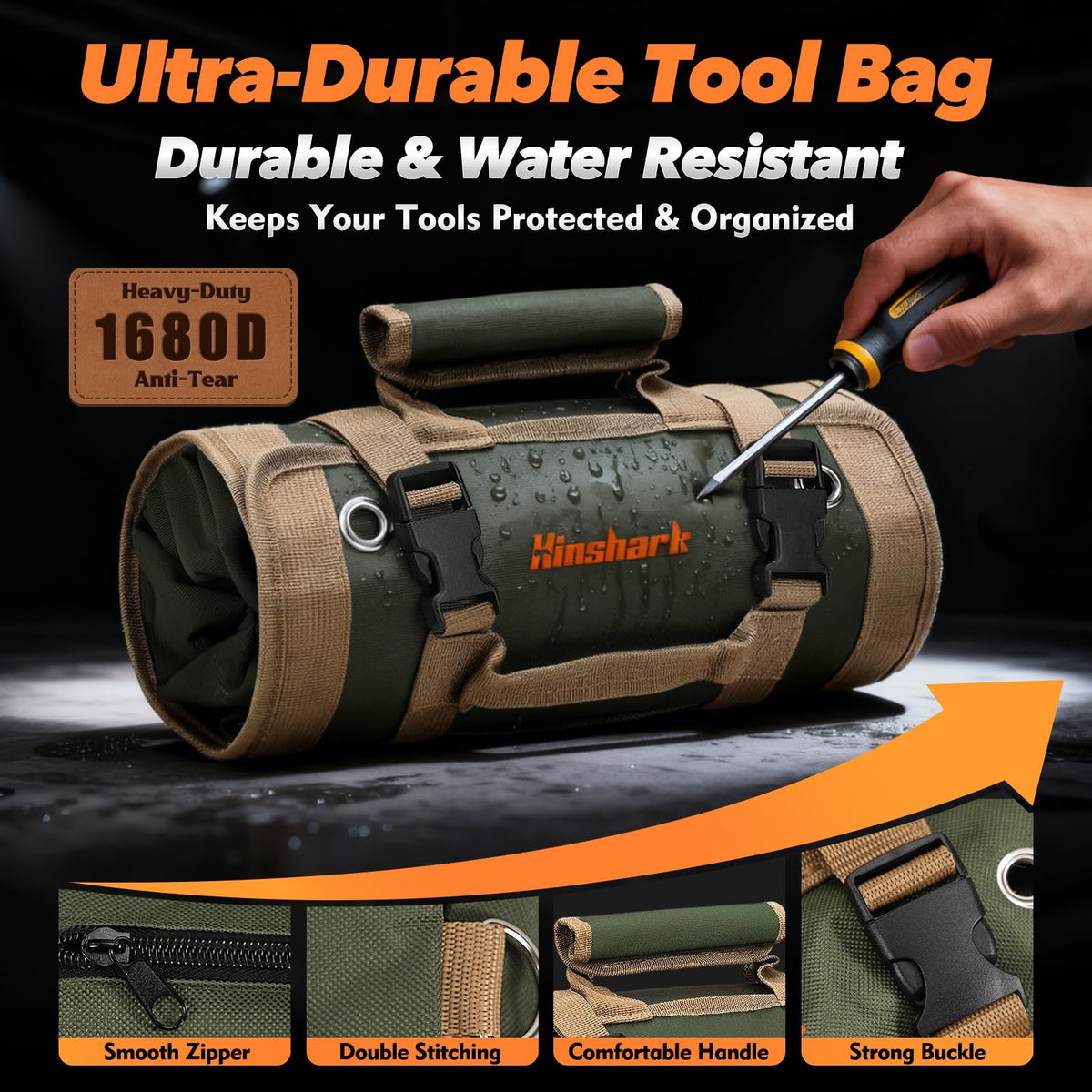 Hinshark Roll Up Tool Bag made of 1680D polyester for durability.