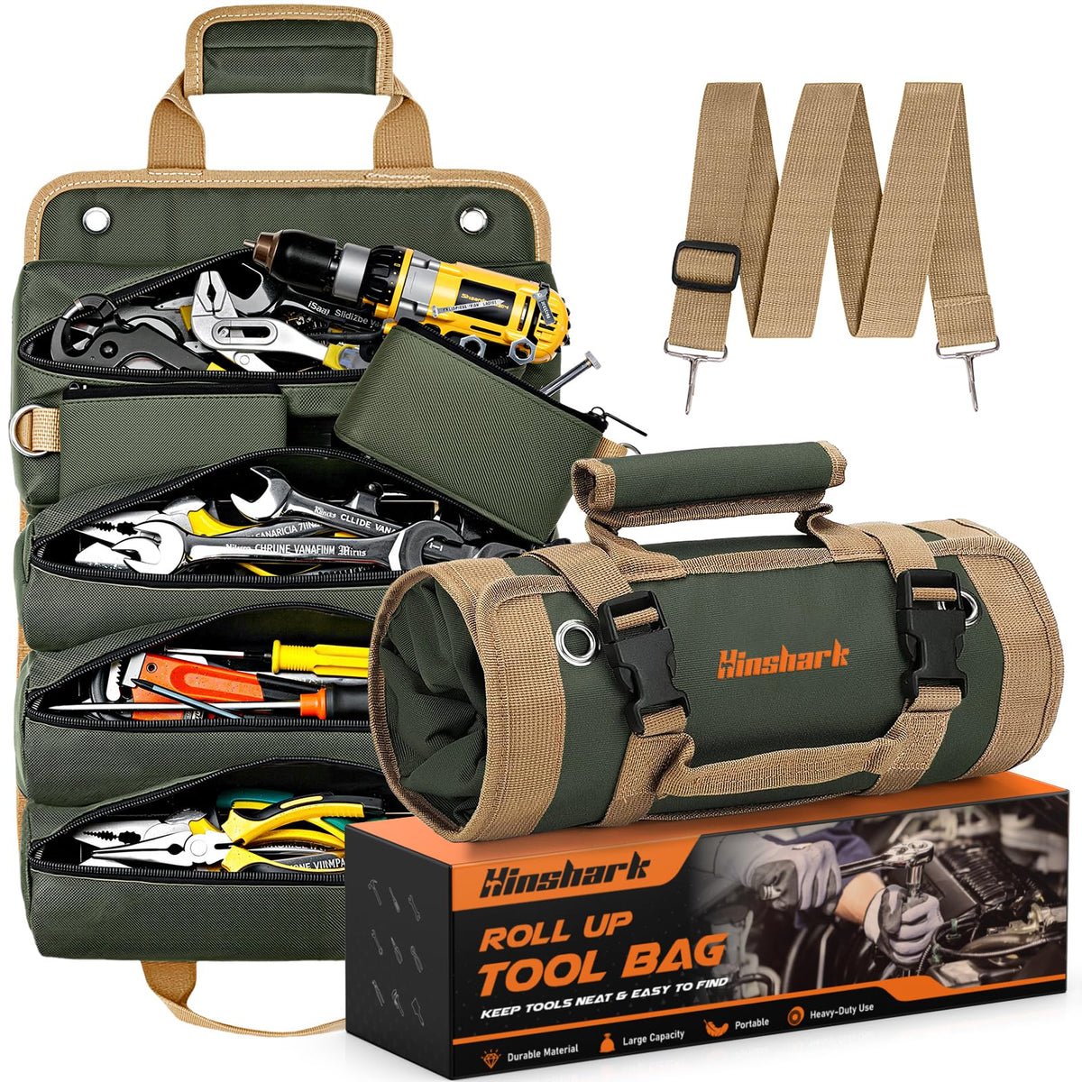 Hinshark Roll Up Tool Bag with extra large compartment for quick access.