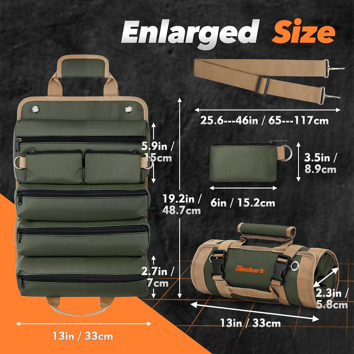 Hinshark Roll Up Tool Bag transparent pocket for quick item visibility.