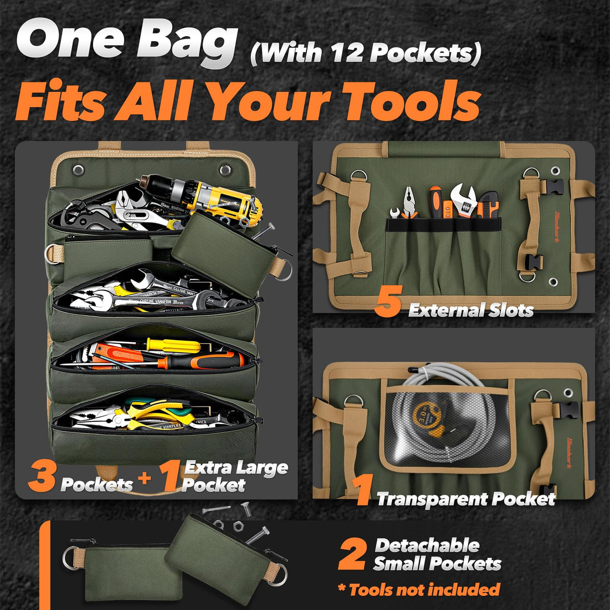 Hinshark Roll Up Tool Bag with two detachable pouches and D-rings for small parts.