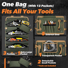 Hinshark Roll Up Tool Bag with two detachable pouches and D-rings for small parts.