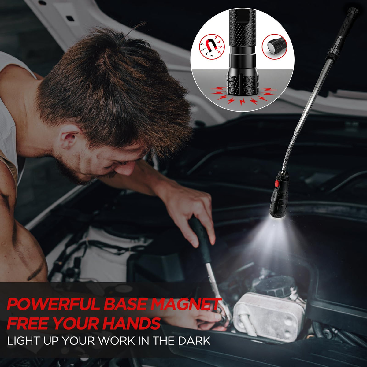 Hinshark strong magnet base frees both hands while you work.