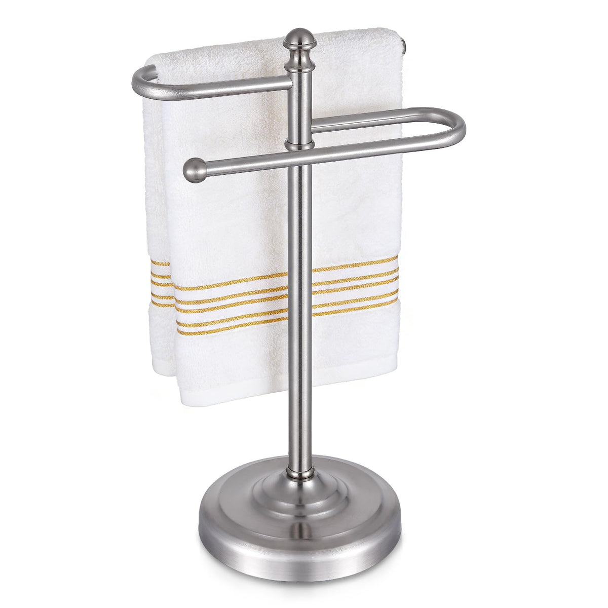 Hioflyme hand towel stand in brushed nickel, front view showing two towels organized and dry
