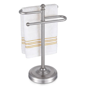 Hioflyme hand towel stand in brushed nickel, front view showing two towels organized and dry