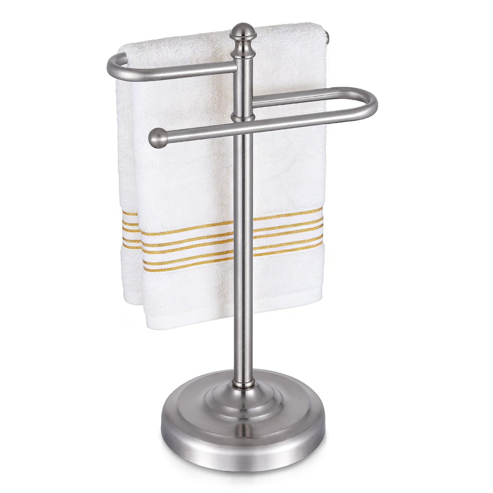 Hioflyme hand towel stand in brushed nickel, front view showing two towels organized and dry