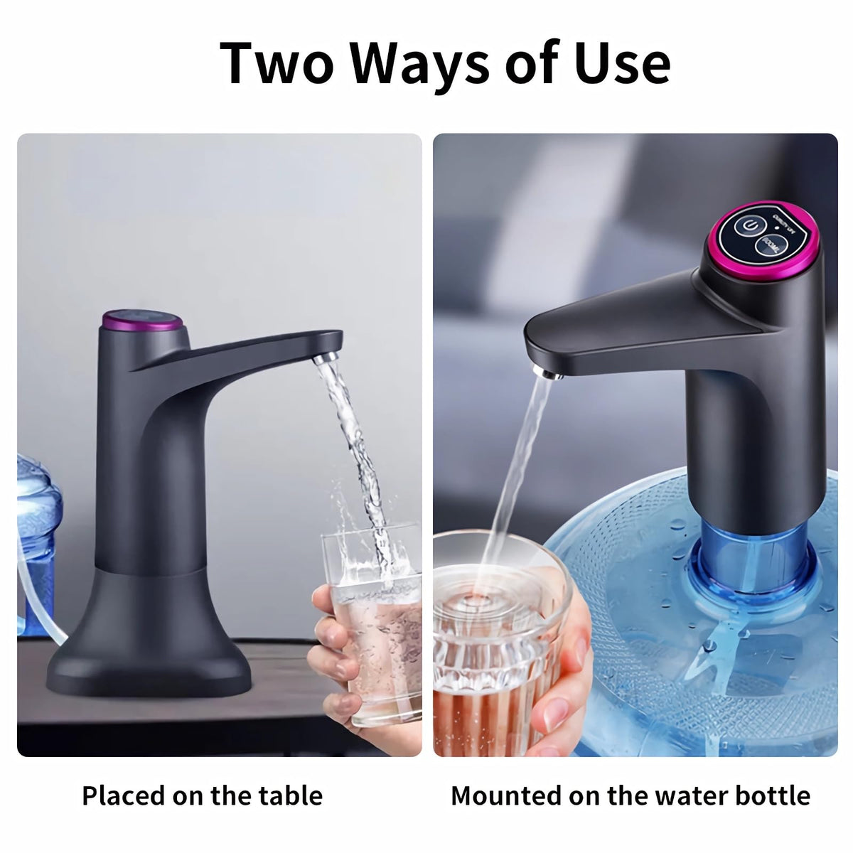 HiPiCok compact water pump in action on a 5-gallon bottle