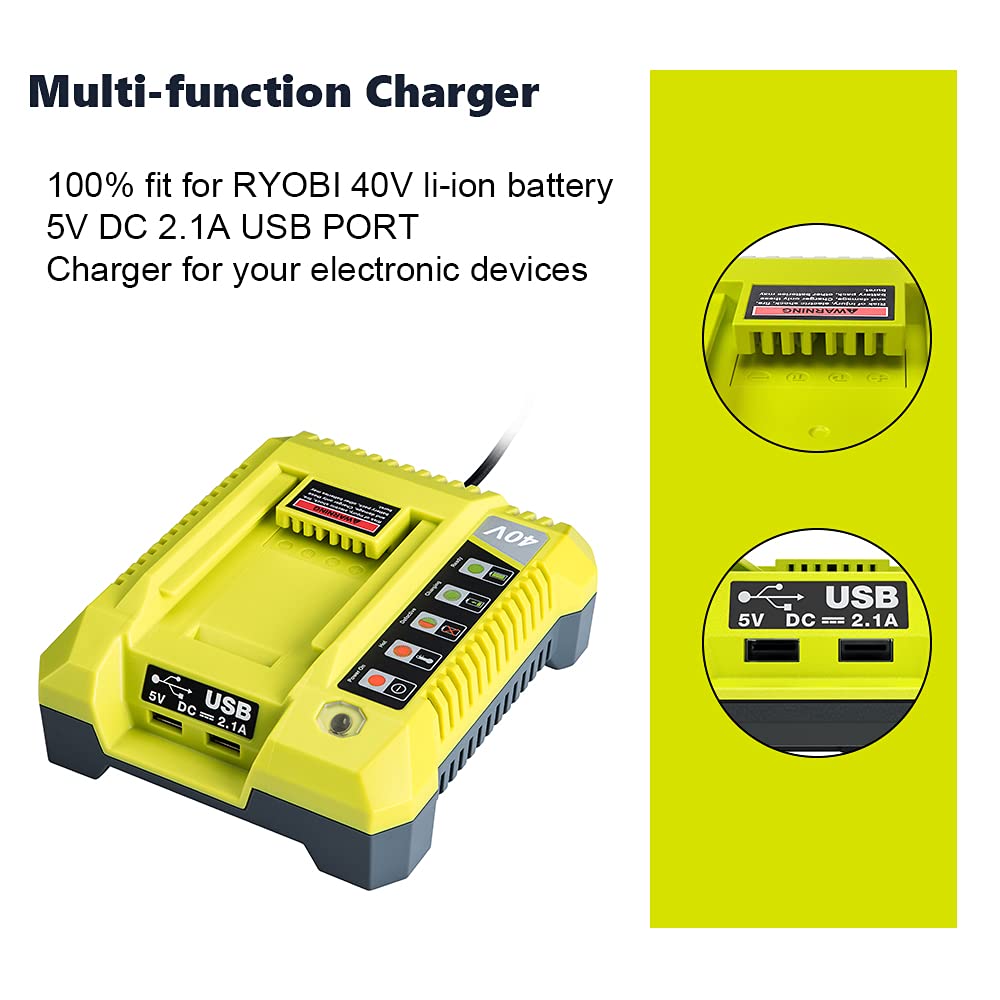 Hipoke OP401 Ryobi charger with USB ports powers devices while charging.