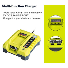 Hipoke OP401 Ryobi charger with USB ports powers devices while charging.
