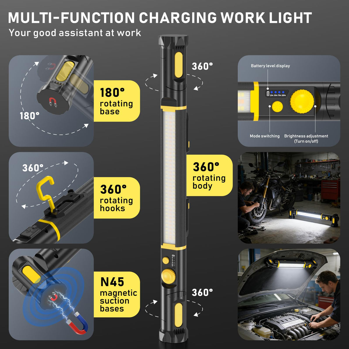 Hipplan Magnetic Work Light rechargeable battery section demonstrates long-lasting power for extended jobs.