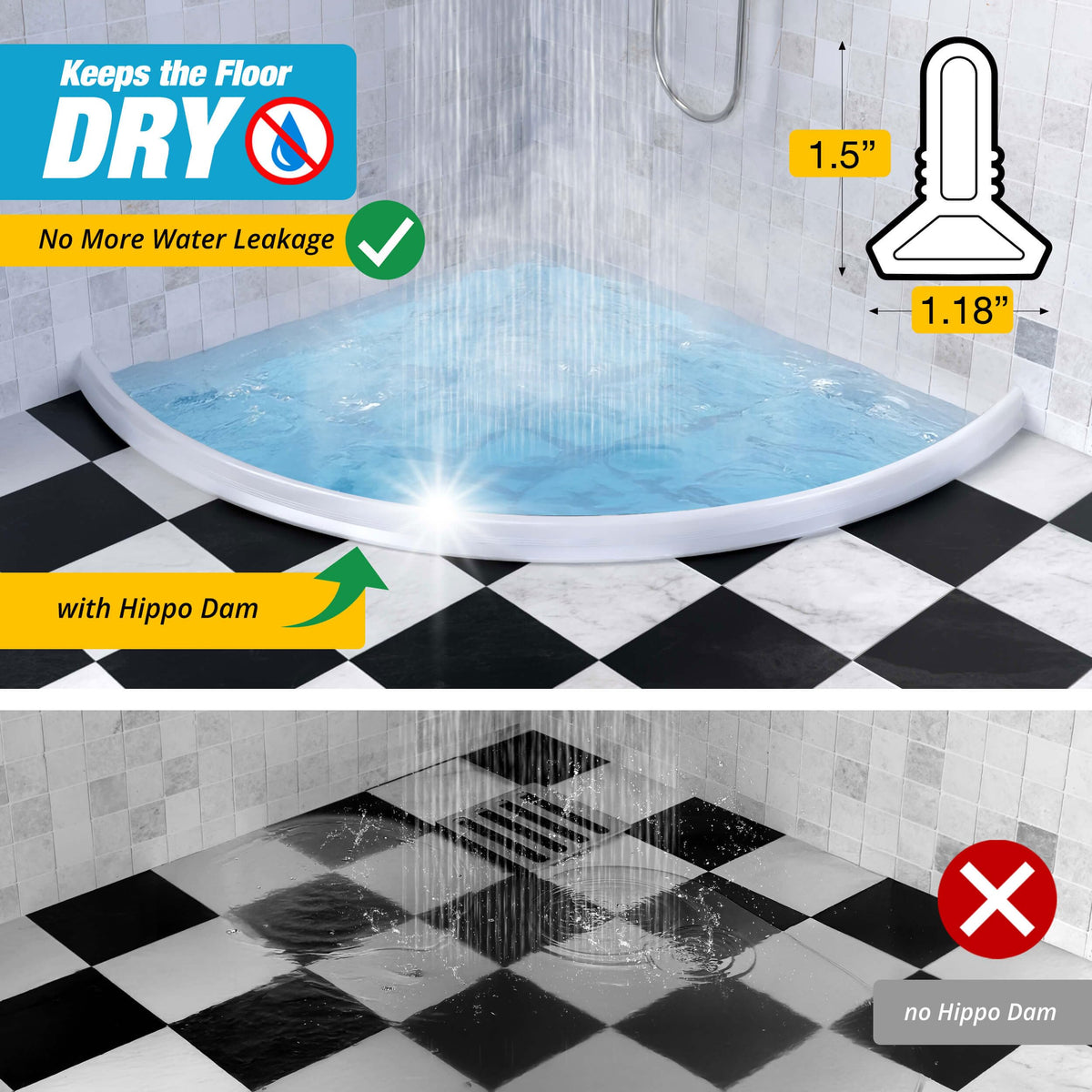 Hippo Dam soft rubber barrier seals shower edges for durability and long-term use.